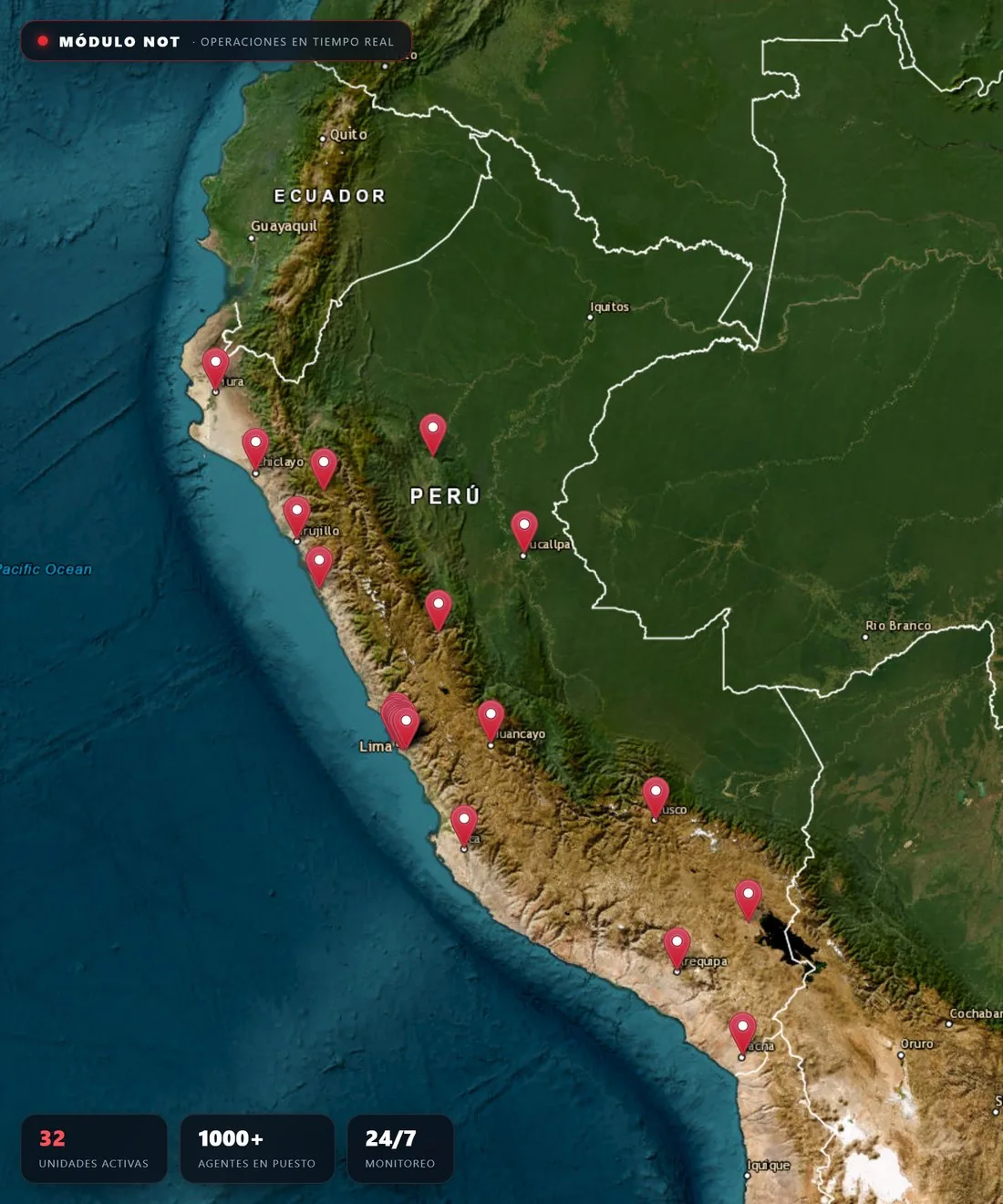 Módulo NOT de BotGuard — mapa de operaciones GUARDMAN en el Perú